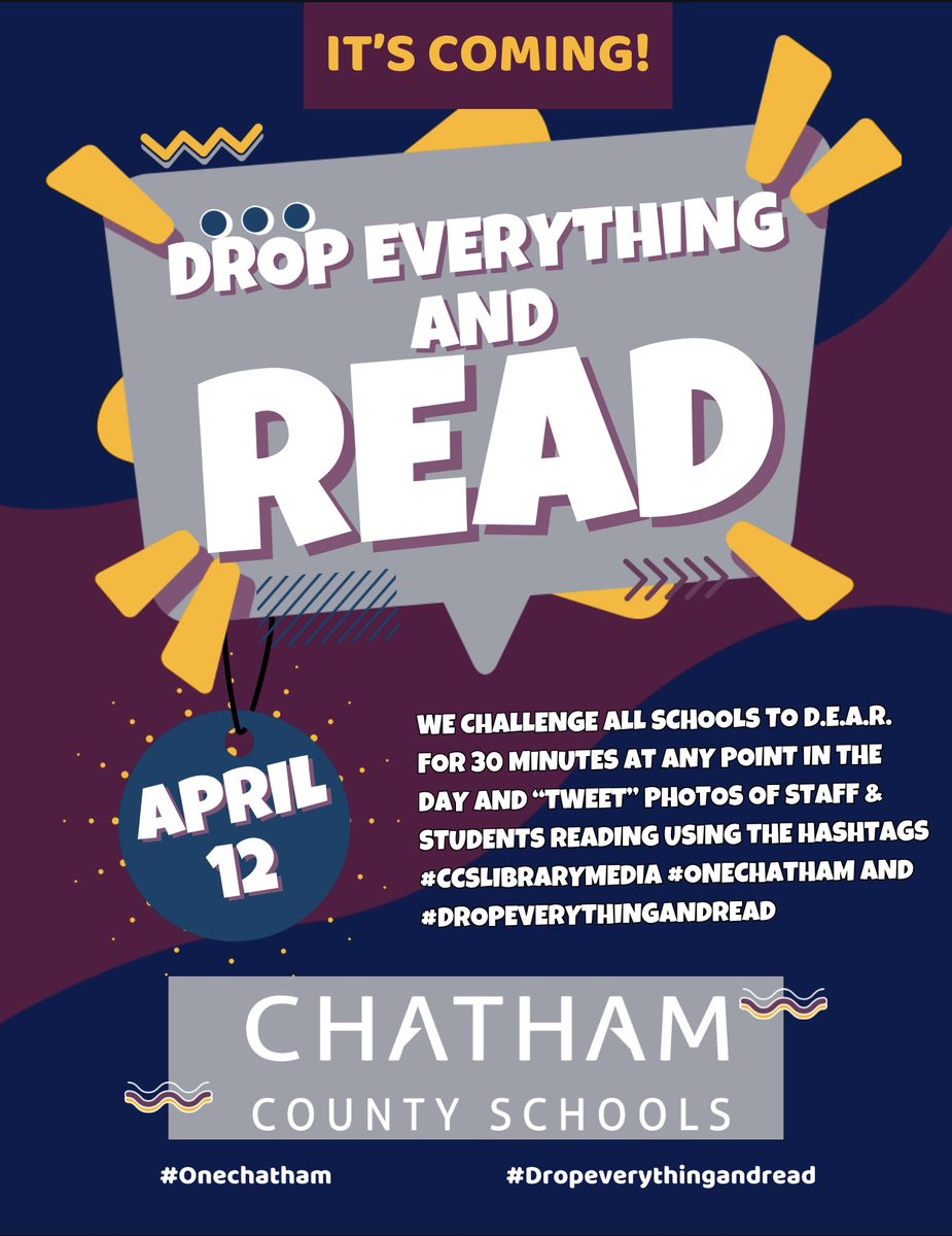 We want to give our librarians a big THANK YOU, as this week is National Library Week! With D.E.A.R. Day on Friday, April 12th, all schools are challenged to drop everything and read for 30 minutes! Post using the hashtags: #CCSLIBRARYMEDIA #ONECHATHAM #DROPEVERYTHINGANDREAD