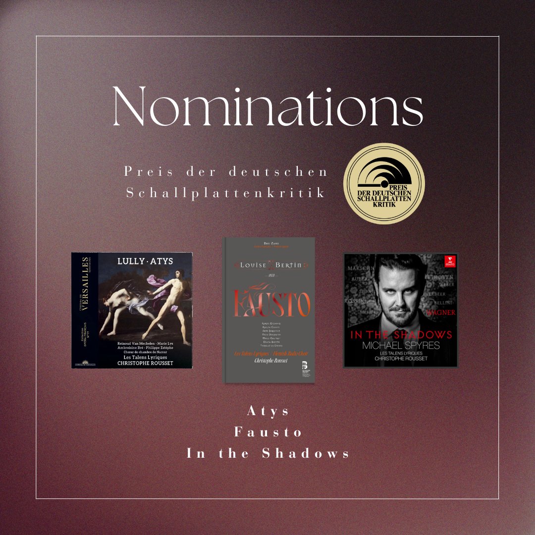 talenslyriques's tweet photo. 💿What an honour to be nominated 3 times for the @Musikkritiker , with Atys, Fausto and In The Shadows.
Once again, this season's record releases are receiving rave reviews!
#lestalenslyriques #christopherousset #schallplattenkritik #discographie https://t.co/oxMxNCSDCn