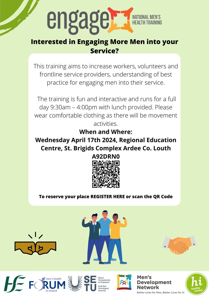 Are you interested in engaging more men in your service? If so, you might want to check out the free 'Engage' workshop which is taking place on Wednesday 17th April 2024 in Ardee, Co. Louth. To register for a place, scan the QR code below ...