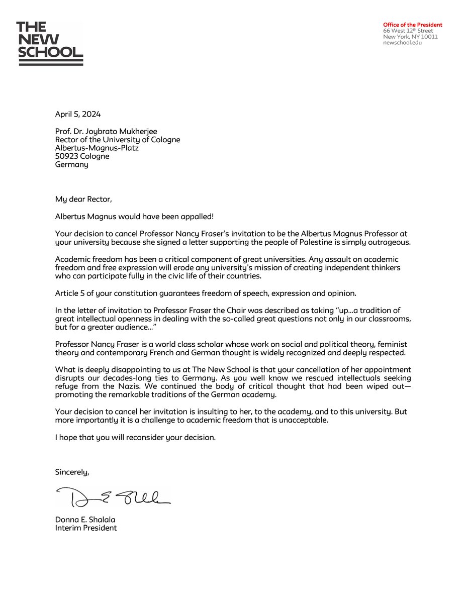 The Interim President of <a href="/TheNewSchool/">The New School</a> <a href="/DonnaShalala1/">Donna E. Shalala</a> sharply criticizes the University of Cologne's "decision to cancel Professor Nancy Fraser […] because she signed a letter supporting the people of Palestine." Find the full letter on our website: criticaltheoryinberlin.de/wp-content/upl…