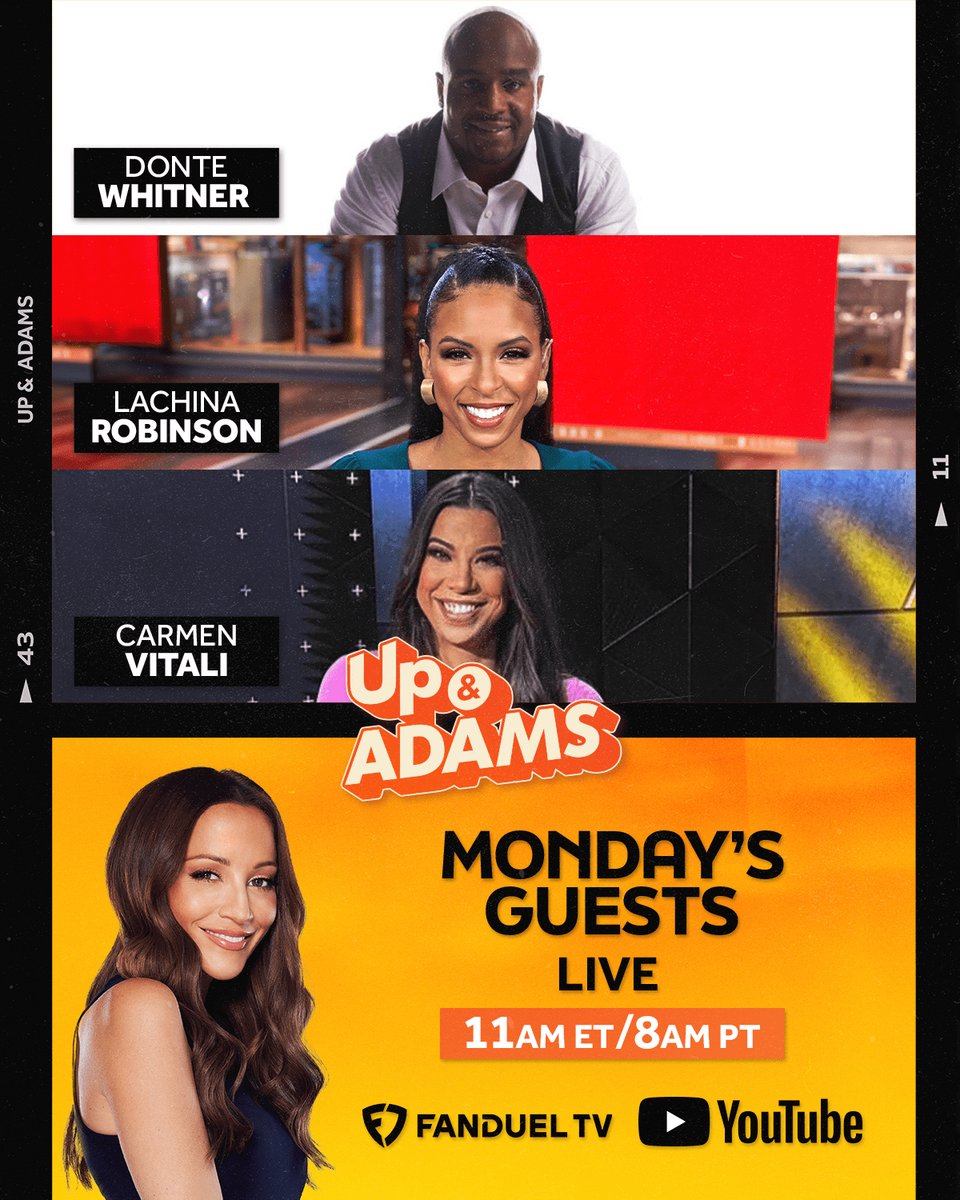 MONDAY'S SHOW GUESTS DROP ⤵️ 🔸 3x Pro Bowl Safety @DonteWhitner 🔸 @FOXSports NFC North reporter Carmen Vitali IN STUDIO 🔸 ESPN basketball analyst @LaChinaRobinson See y'all at 11am ET ➡️ Subscribe on YouTube @CarmieV @heykayadams youtube.com/@UpAndAdamsSho…