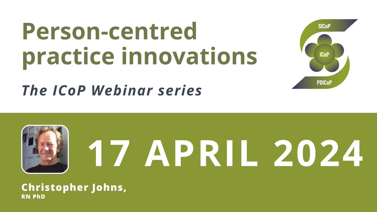 Join us April 17th for our "Person-Centred Practice Innovation" webinars.

Our first guest is Christopher Johns who explores how person-centred practice can be realized as a lived reality within clinical practice.
⭐️09:00 GMT
⭐️10:00 CET
⭐️19:00 AEDT
90 minute webinar via Zoom.
