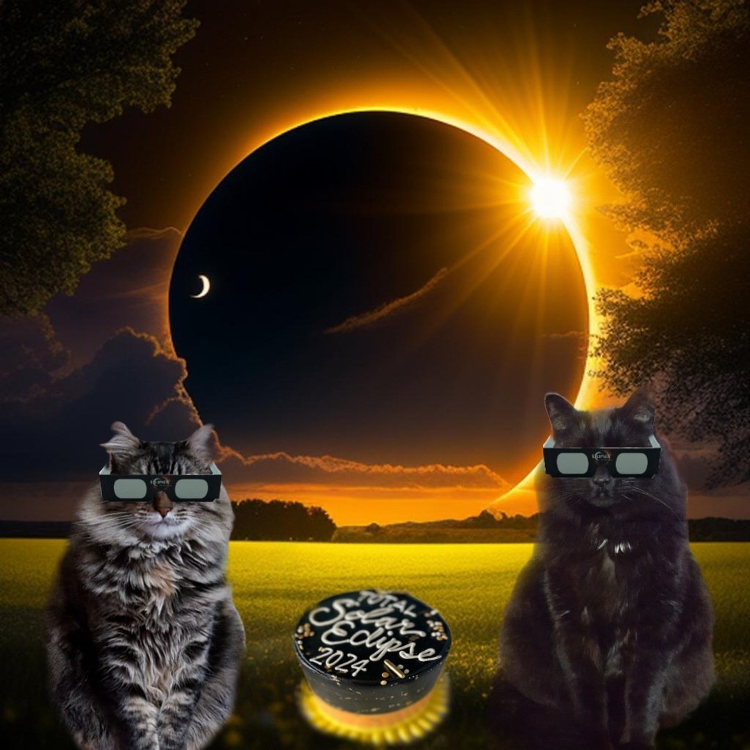 We hear there is an eclipse today. Our staff says we will only see 20% and cloudy weather. We are prepared just in case. #CatsOfTwitter #CatsAreFamily #Eclipse2024 #EclipseSolar2024 #naughtypetsclub #hedgewatch