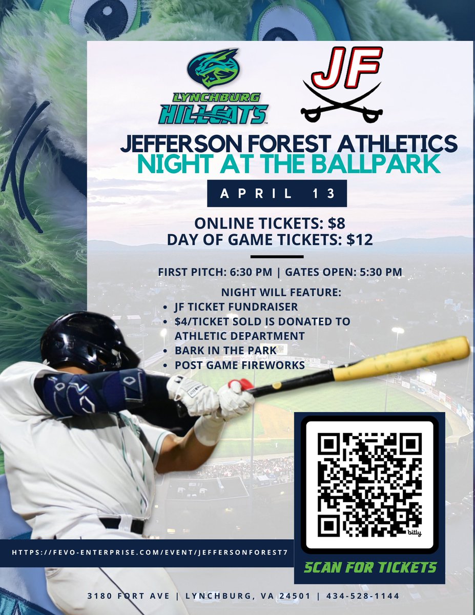 Want to help JF Athletics while also enjoying our hometown Hillcats weekend home opener on Saturday, April 13th with Fireworks? ⚾️ 🎆 Buy your pre-sale tickets at the link below, and a portion of the proceeds go directly to JF Athletics! fevo-enterprise.com/event/Jefferso…