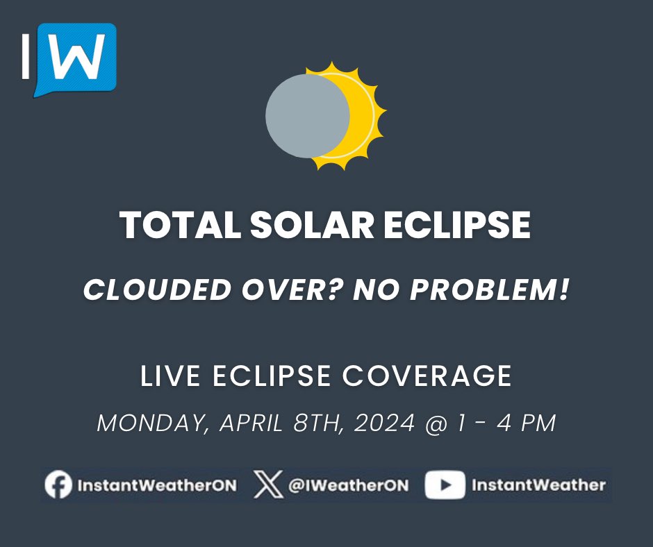 IWeatherON's tweet photo. Happy Eclipse Day! 🌑🌕

Our team will be providing in-depth live eclipse coverage this afternoon.

So if you are clouded over, join us as we check in with our team members across the province to hopefully bring you the eclipse as it happens.

And of course, we will also be showcasing reports from our fabulous community. 🙂

You can catch the live stream on our page here or you can stream it directly to your TV via YouTube: https://t.co/gTJilWUr1D

We highly recommend streaming our coverage on your TV as it’s best viewed on a big screen!

See you soon!

- Brennen
