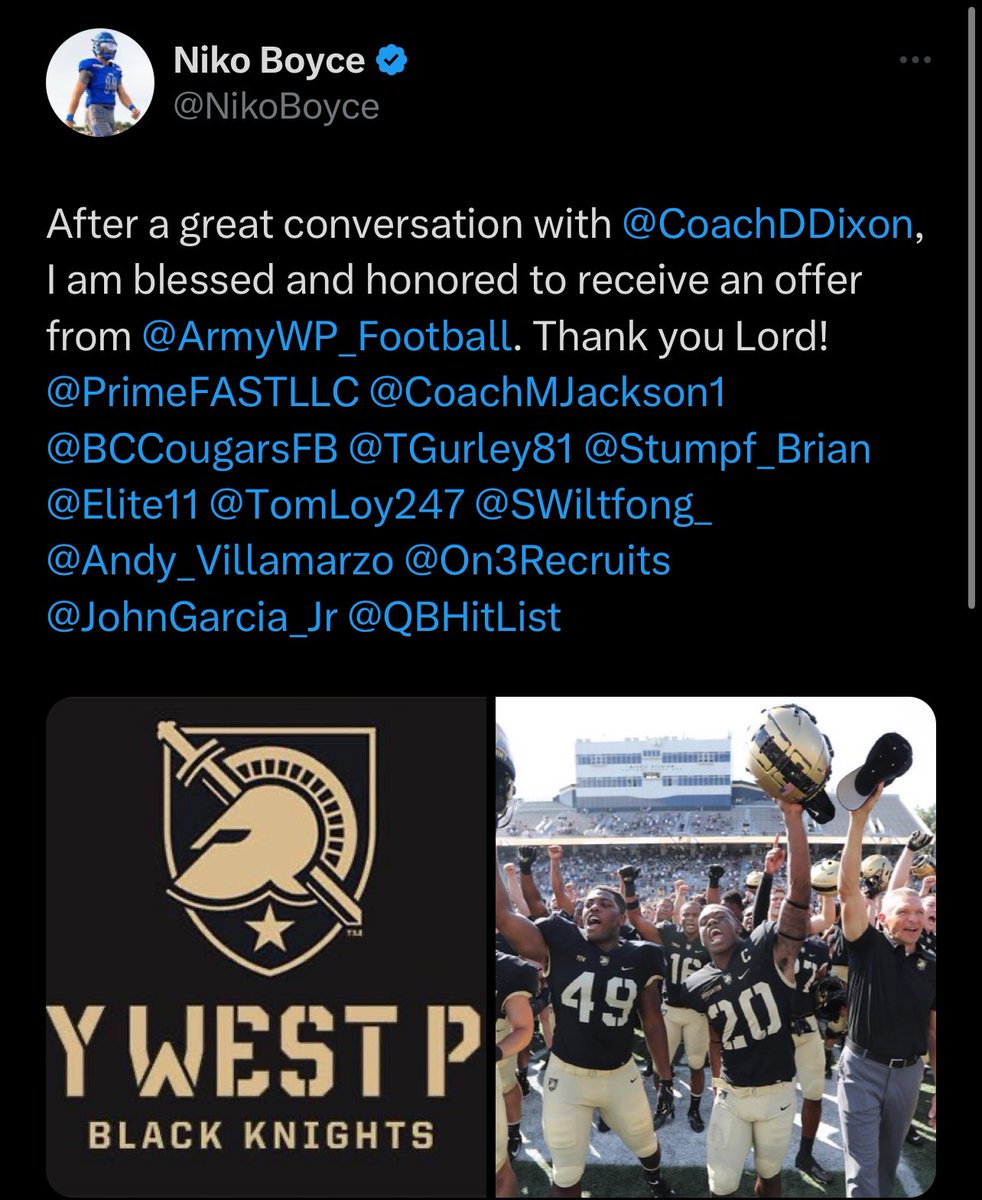 Congrats @NikoBoyce on the @ArmyWP_Football offer!!! We get #offers & #results at Torigurley.com Sign Up Now!!!