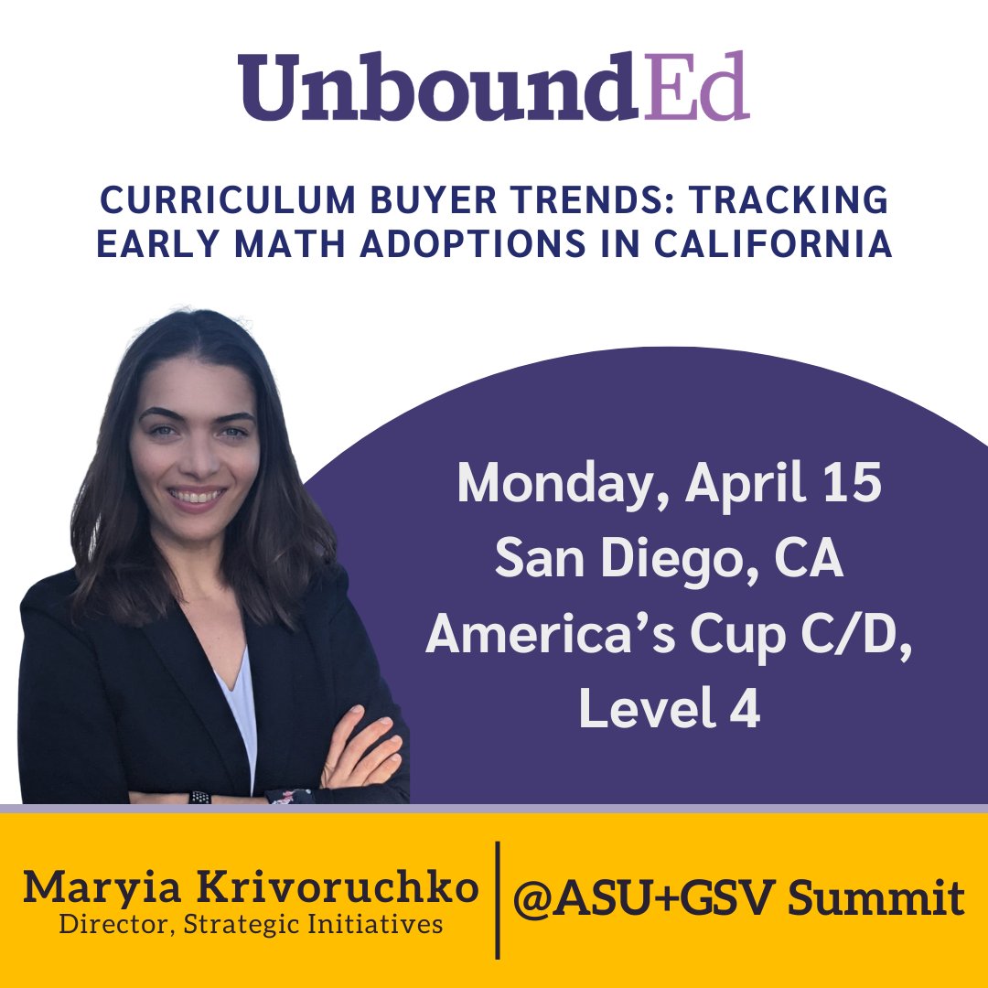 It's almost time for @asugsvsummit! Be sure to add 'Curriculum Buyer Trends: Tracking Early Math Adoptions in California' to your schedule! This panel will feature UnboundEd's Maryia Krivoruchko, Director of Strategic Initiatives. ubnd.org/3U7axf5 #ASUGSVSummit