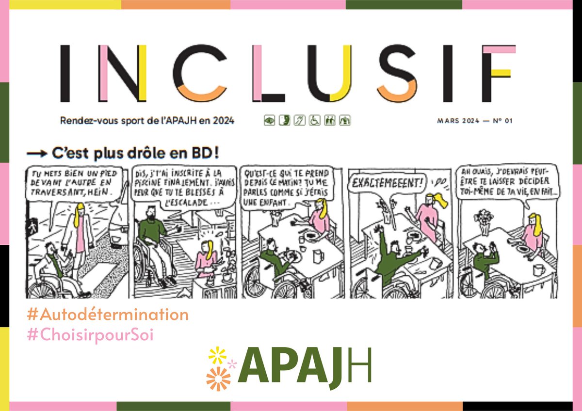 Découvrez la BD dans la Gazette APAJH '#INCLUSIF', qui illustre la thématique d'#Autodétermination, pour le #sport ! Rendez-vous sport de l'APAJH en 2024, retrouvez la Gazette ici👉bit.ly/4aK1h63