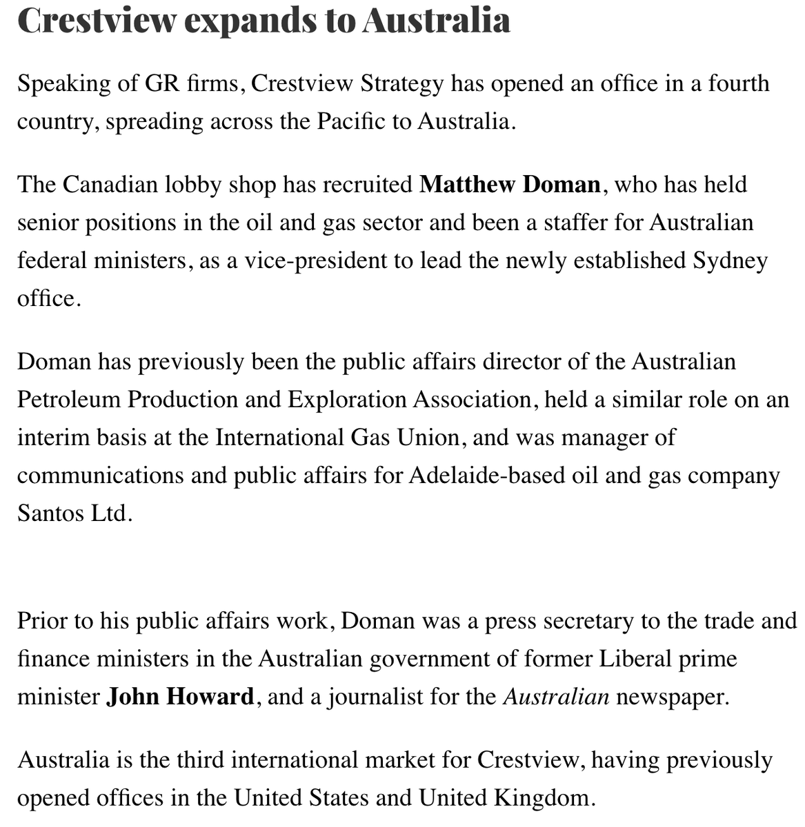Crestview Strategy (@crestview_strat) on Twitter photo "Crestview Strategy has opened an office in a fourth country, spreading across the Pacific to Australia." - <a href="/TheHillTimes/">The Hill Times</a>.
⬇️ ⬇️ ⬇️ "Crestview Strategy has opened an office in a fourth country, spreading across the Pacific to Australia." - <a href="/TheHillTimes/">The Hill Times</a>.
⬇️ ⬇️ ⬇️