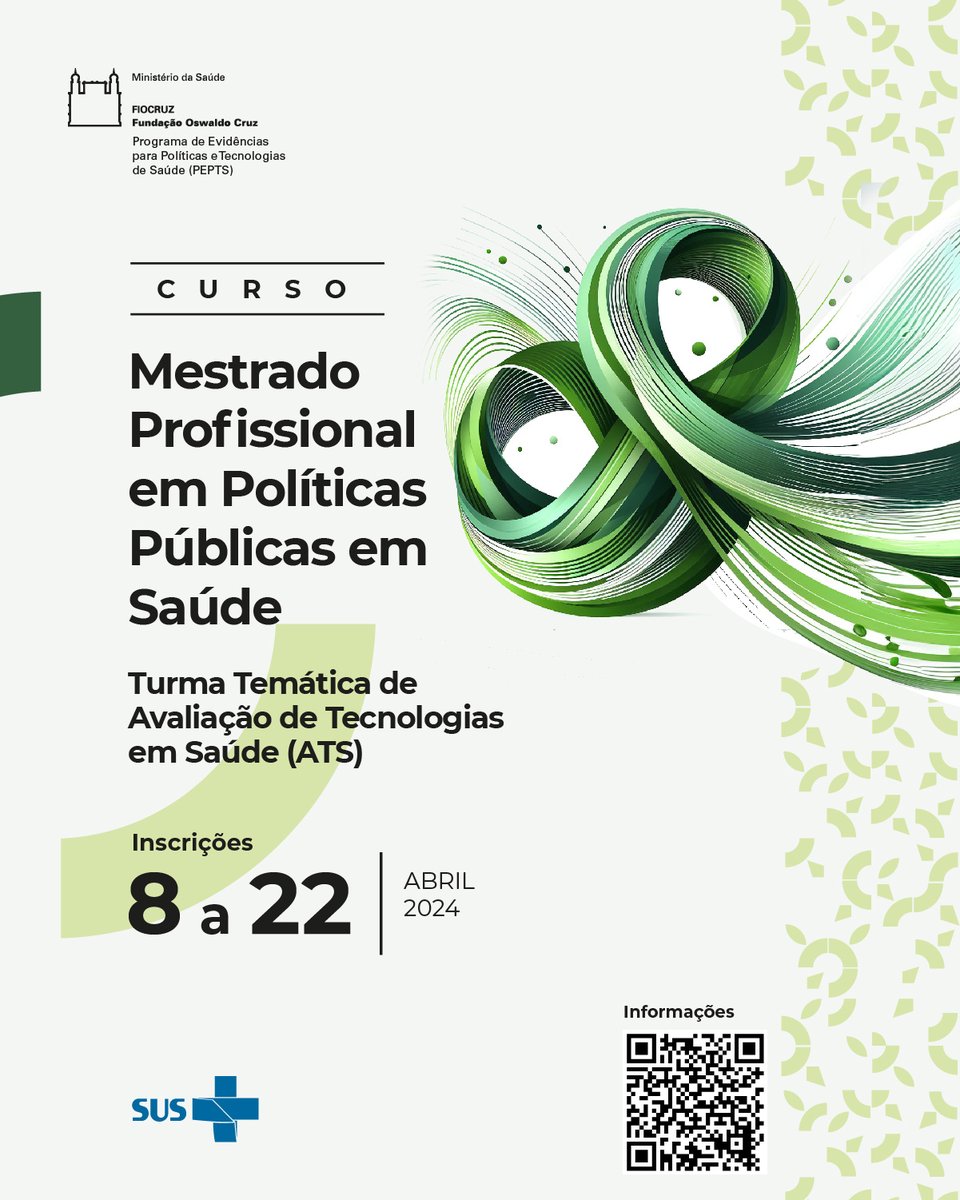 🗣 Inscrições abertas para a turma temática em Avaliação de Tecnologias em Saúde (ATS) do Mestrado Profissional em Políticas Públicas em Saúde (MPPPS) da Escola de Governo Fiocruz-Brasília. ⚠ Somente no edital você encontra todas as informações: fiocruzbrasilia.fiocruz.br/processo-selet…