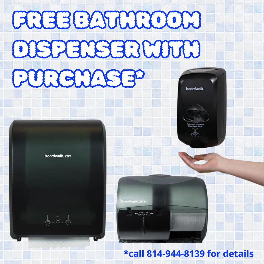 Get a FREE dispenser with the purchase of a carton of Towels, TP or Soap.  Call 814-944-8139 for details. #free #restroom #commercialsupplies