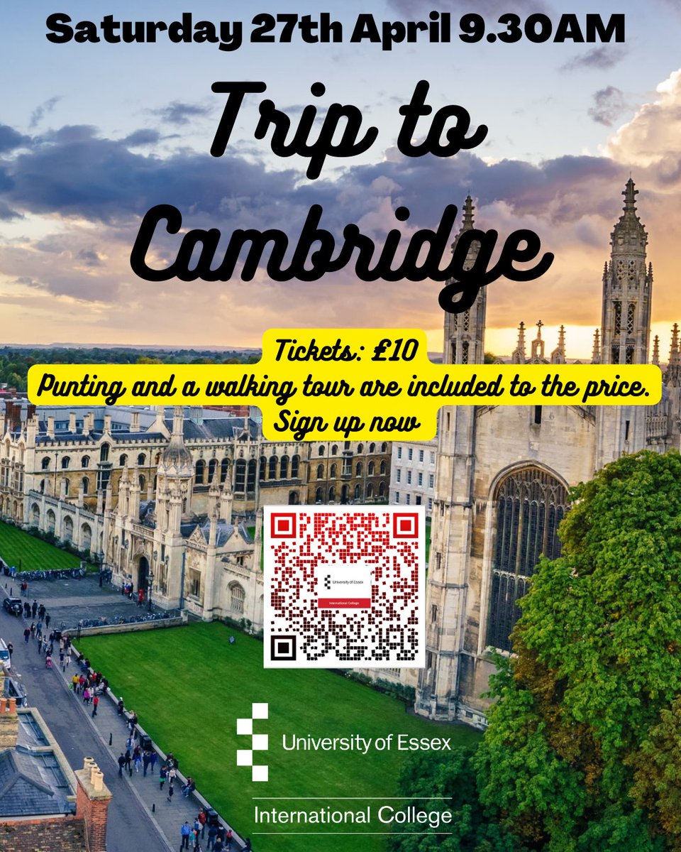 Reminder!

Sign up for our trip to Cambridge - It's happening on Saturday 27th April.

This is an opportunity to visit the beautiful city of Cambridge and go punting! 
Best of all, it's only £10!

#KaplanLife #YourPathYourWay #UEIC #StudentLife #StudyinColchester #StudyAbroad