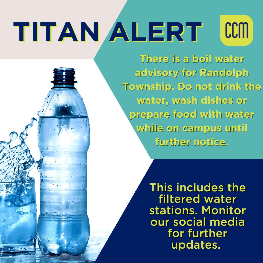 There is a boil water advisory for Randolph Township. Do not drink the water, wash dishes or prepare food with water while on campus until further notice. This includes the filtered water stations. Monitor our social media for further updates.