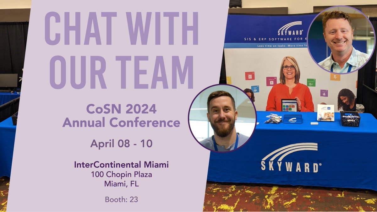 The wait is over ... day 1️⃣ of #CoSN2024 has arrived!

<a href="/ChrisC_Skyward/">Chris Casey</a> and <a href="/EdTech_Luke/">Lucas Elliott</a> are excited to be in Miami for three days of #K12 connection and camaraderie. You can find them at booth 23 when you visit the exhibit hall!

#EdTech #SIS #ERP