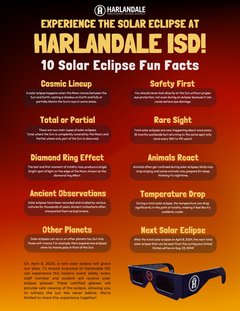 Get ready for a celestial spectacle! This afternoon, we will have the opportunity to witness a rare and awe-inspiring sight: A total solar eclipse! Students and staff across Harlandale ISD will be able to see 99.88% obscuration at 1:34 P.M. LEARN MORE: bit.ly/4axyWQq