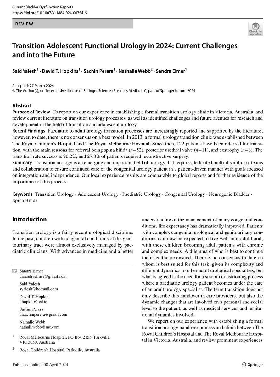 Read our latest publication on our local experience in establishing a transition adolescent urology service in Victoria, Australia at the Royal Melbourne Hospital, and the importance of such a service and its coordination by functional and reconstructive urologists. #urology…