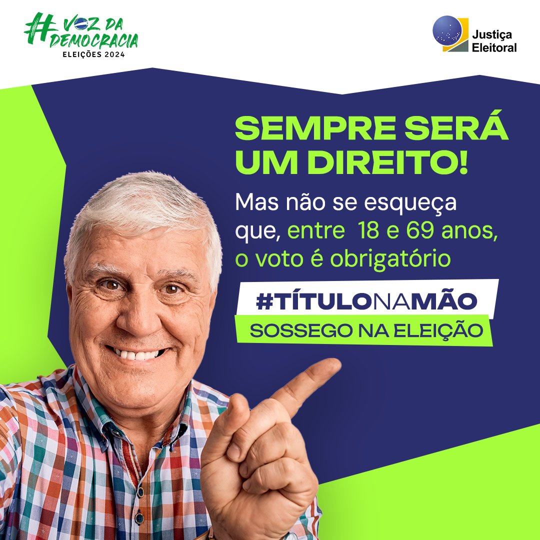 A regra é clara: dos 18 aos 69 anos, votar é obrigatório. E, antes de ser uma obrigação, é um DIREITO! A sua escolha nas #Eleições2024 pode ser decisiva pro futuro que deseja. Precisa regularizar o título? Acesse: bit.ly/Autoatendiment… 😉 #TítuloNaMão