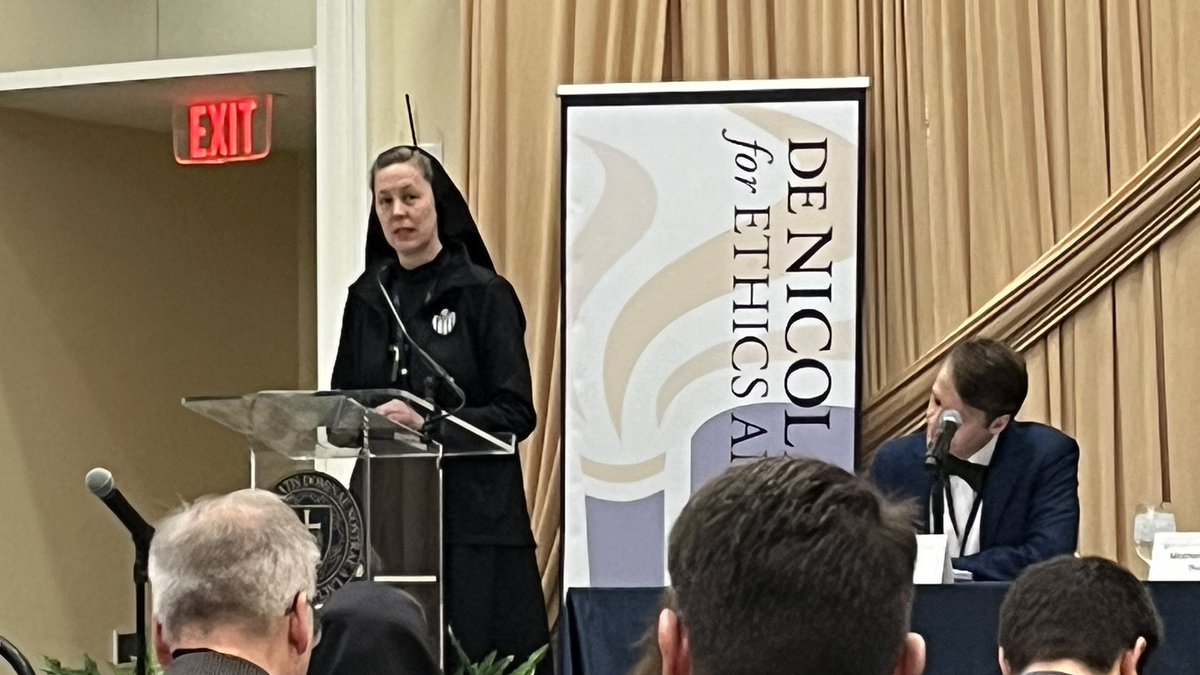 Mother Mary Christa Nutt, RSM kicks off this morning’s “Benedict XVI’s Legacy” session, reflecting on his 2008 address at the Collège des Bernardins, Paris. Conference schedule: ethicscenter.nd.edu/programs/bxvi-…