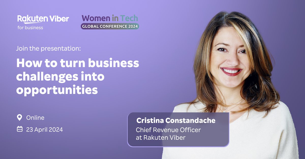 📢 Rakuten Viber’s Chief Revenue Officer will speak at the Women in Tech Global Conference 2024 and share her expertise on turning business challenges into opportunities. Join this event organized by @WomenTechNet and don’t miss our CRO's insightful presentation on April 23rd!