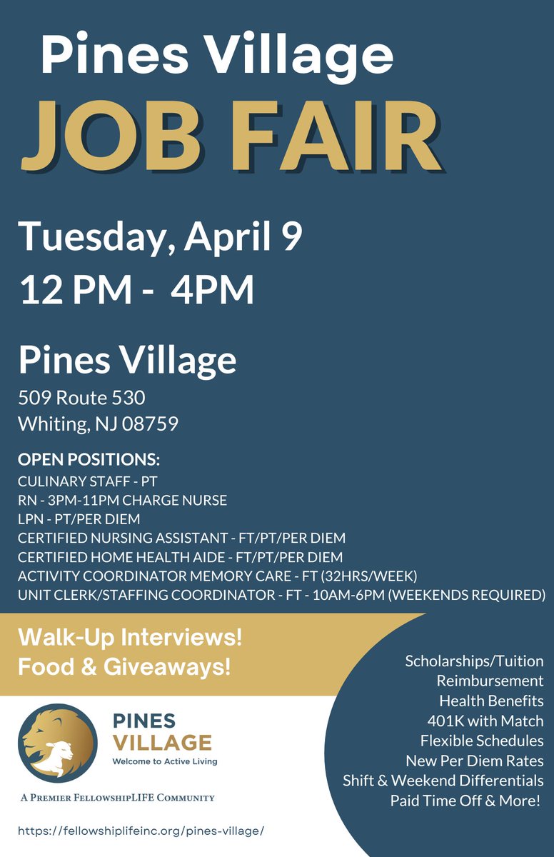 Join us tomorrow at Pines Village for our job fair! Discover more about the fantastic career opportunities we have available and the incredible benefits we provide to our team members. Don't miss out on this chance to take your career to the next level. See you there! #JobFair