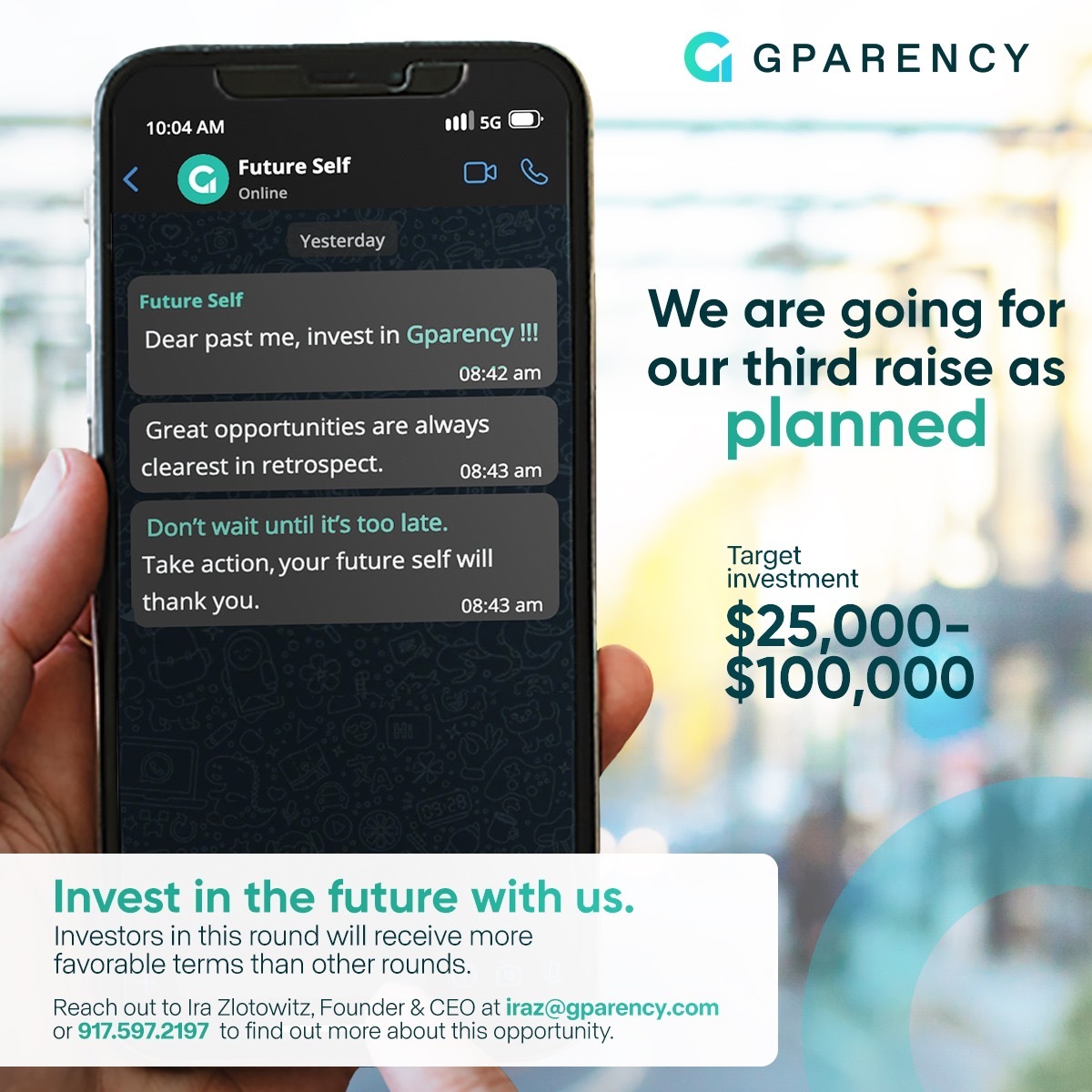 GPARENCY's tweet image. Invest in the future with us!

GPARENCY is going for our third raise as planned.

Our target investment is $25,000-$100,000 per accredited investor. Investors in this round will receive favorable terms not previously offered.

Reach out to Ira Zlotowitz at iraz@gparency.com.