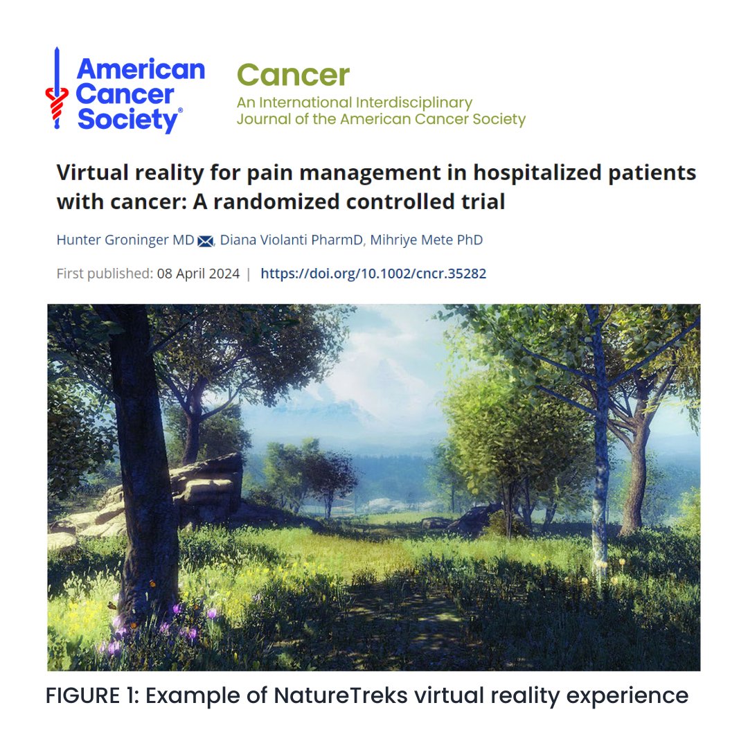 Just published! A 10-minute virtual reality session significantly lessened pain in hospitalized patients with cancer in a recent clinical trial. Even a day later, participants experienced sustained benefits. acsjournals.onlinelibrary.wiley.com/doi/full/10.10… @MedStarGUH @OncoAlert