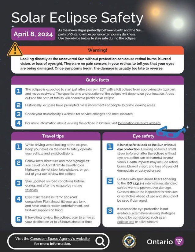 Today, Peterborough will observe a partial solar eclipse! 🌞🕶️ Remember, never look directly at the sun without proper eye protection, prepare for a possible increase in traffic and watch for distracted drivers. Review the safety sheet for more info!