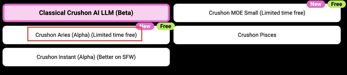 We have released a brand new Crushon Aries (Alpha) chat model. And it's free for a limited time! Feel free to experience it and leave your feedback and suggestions on the comment.