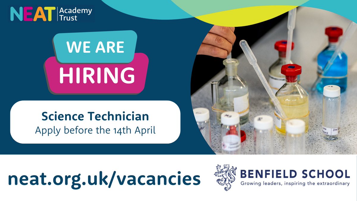 There' still time to apply for the role of Science Technician here at Benfield School! Make sure to apply before the 14th April. Apply here: ayr.app/l/hcyH

#hiring #jobsinschools #northeastjobs