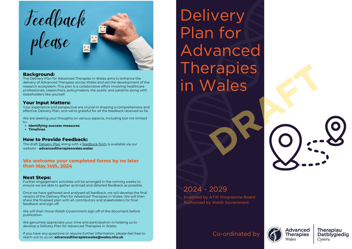 We are pleased to share the final draft of The Delivery Plan for Advanced Therapies in Wales. View: advancedtherapies.wales/delivery-plan/ Feedback: forms.office.com/e/Xunc6yCxMJ Please share to help us shape this document into the most comprehensive and effective plan possible.