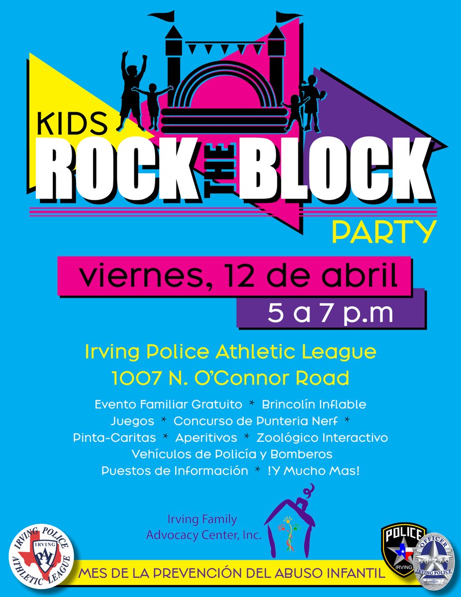 Here's a friendly reminder that the solar eclipse isn't the only special event happening this week. ☀️ The Irving Family Advocacy Center's Annual Kids Rock the Block is this Friday at the Irving Police Athletic League! The best part? This party lasts more than 4 minutes😎