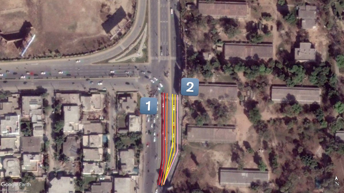 thelahorewala's tweet photo. Here’s a very good example why Signal-free corridors only increase peak hour congestion:

This is the Cavalry ground to Walton road intersection. In the early 2000s (first image), there were 5 roads that merged into 4, which turned into 3 as one exited to Faisal Ghumman Road. Here 1️⃣ & 2️⃣ were timed separately so traffic passed with minimal choking.

Then in early 2010s, the road coming from Cavalry was made 4 lane, and these became 3 as they turned. In total 6 lanes were now merging into 4. Still 1️⃣ & 2️⃣ moved with breaks, so traffic cleared without choking, and rush was broken down.

A U-turn was added to the above, to clear out one of the lanes going North, and this traffic moved along 2️⃣ while rush from 1️⃣ still was broken down. But here, the lane merging was already become complicated. 5 lanes merged into 3.

Today, after LDA’s latest gift, all the traffic moves together as 1️⃣ with no pauses to let lanes clear out. Now 6 lanes become 3. The 60 seconds that were spent on the intersection are now spent figuring out which lane to merge into. You will probably get to home at the same time as you did a year back, but with additional risk of an accident.

Besides all of this, if you are on a bicycle or walk to commute, your life-expectancy has also probably gone down.