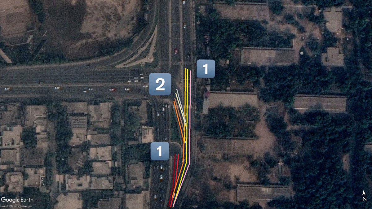 thelahorewala's tweet photo. Here’s a very good example why Signal-free corridors only increase peak hour congestion:

This is the Cavalry ground to Walton road intersection. In the early 2000s (first image), there were 5 roads that merged into 4, which turned into 3 as one exited to Faisal Ghumman Road. Here 1️⃣ & 2️⃣ were timed separately so traffic passed with minimal choking.

Then in early 2010s, the road coming from Cavalry was made 4 lane, and these became 3 as they turned. In total 6 lanes were now merging into 4. Still 1️⃣ & 2️⃣ moved with breaks, so traffic cleared without choking, and rush was broken down.

A U-turn was added to the above, to clear out one of the lanes going North, and this traffic moved along 2️⃣ while rush from 1️⃣ still was broken down. But here, the lane merging was already become complicated. 5 lanes merged into 3.

Today, after LDA’s latest gift, all the traffic moves together as 1️⃣ with no pauses to let lanes clear out. Now 6 lanes become 3. The 60 seconds that were spent on the intersection are now spent figuring out which lane to merge into. You will probably get to home at the same time as you did a year back, but with additional risk of an accident.

Besides all of this, if you are on a bicycle or walk to commute, your life-expectancy has also probably gone down.