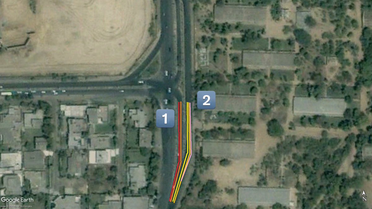 thelahorewala's tweet photo. Here’s a very good example why Signal-free corridors only increase peak hour congestion:

This is the Cavalry ground to Walton road intersection. In the early 2000s (first image), there were 5 roads that merged into 4, which turned into 3 as one exited to Faisal Ghumman Road. Here 1️⃣ & 2️⃣ were timed separately so traffic passed with minimal choking.

Then in early 2010s, the road coming from Cavalry was made 4 lane, and these became 3 as they turned. In total 6 lanes were now merging into 4. Still 1️⃣ & 2️⃣ moved with breaks, so traffic cleared without choking, and rush was broken down.

A U-turn was added to the above, to clear out one of the lanes going North, and this traffic moved along 2️⃣ while rush from 1️⃣ still was broken down. But here, the lane merging was already become complicated. 5 lanes merged into 3.

Today, after LDA’s latest gift, all the traffic moves together as 1️⃣ with no pauses to let lanes clear out. Now 6 lanes become 3. The 60 seconds that were spent on the intersection are now spent figuring out which lane to merge into. You will probably get to home at the same time as you did a year back, but with additional risk of an accident.

Besides all of this, if you are on a bicycle or walk to commute, your life-expectancy has also probably gone down.