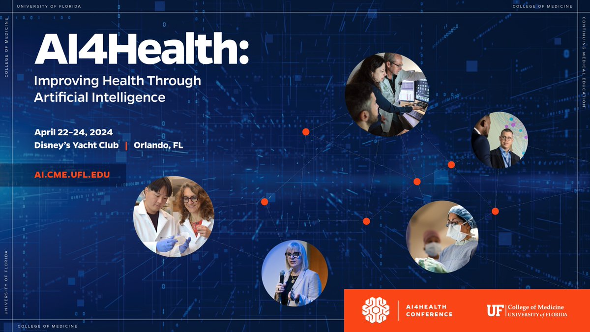 Did you know you can attend the second annual @UF #AI4Health conference online? Register today for a virtual seat to earn #CME credit and learn how #ArtificialIntelligence discoveries are improving health care. Sign up now at ai.cme.ufl.edu