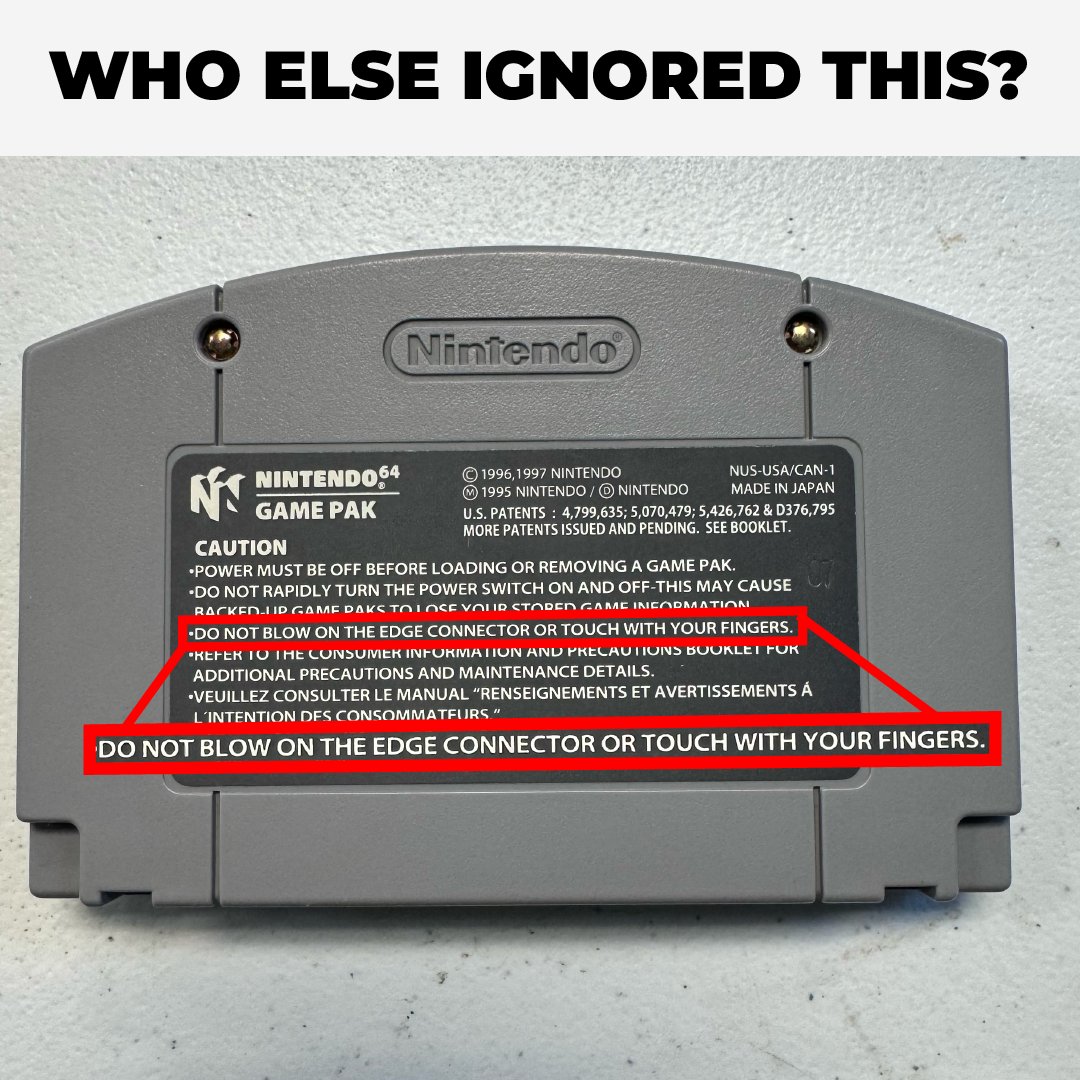 Did you notice this on the back of a Nintendo 64 cartridge? While Nintendo advises against it, it seems like it's always the perfect fix. But what do you think, does blowing into the cartridge make the game work or is it just a legend? . . . #trivia #nintendo #didyouknow #fact…