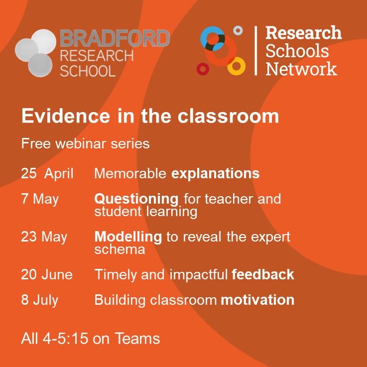 Join @MarkMillerTeach for the first in our Evidence in the Classroom webinar series: Memorable Explanations The benefits and pitfalls of models, concrete examples and analogies Building schemas Managing working memory demands researchschool.org.uk/bradford/event…