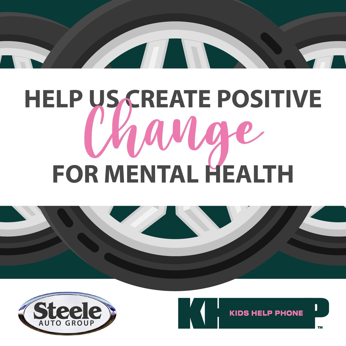 Help us create positive change for mental health!

With every tire change from now until the end of May, Steele Auto will make a donation to Kids Help Phone. 

steeleauto.com/service/schedu…

#kidshelpphone #whysteeleauto #steeleautogroup #steelegivesback #yourwayauto #yourcaryourway
