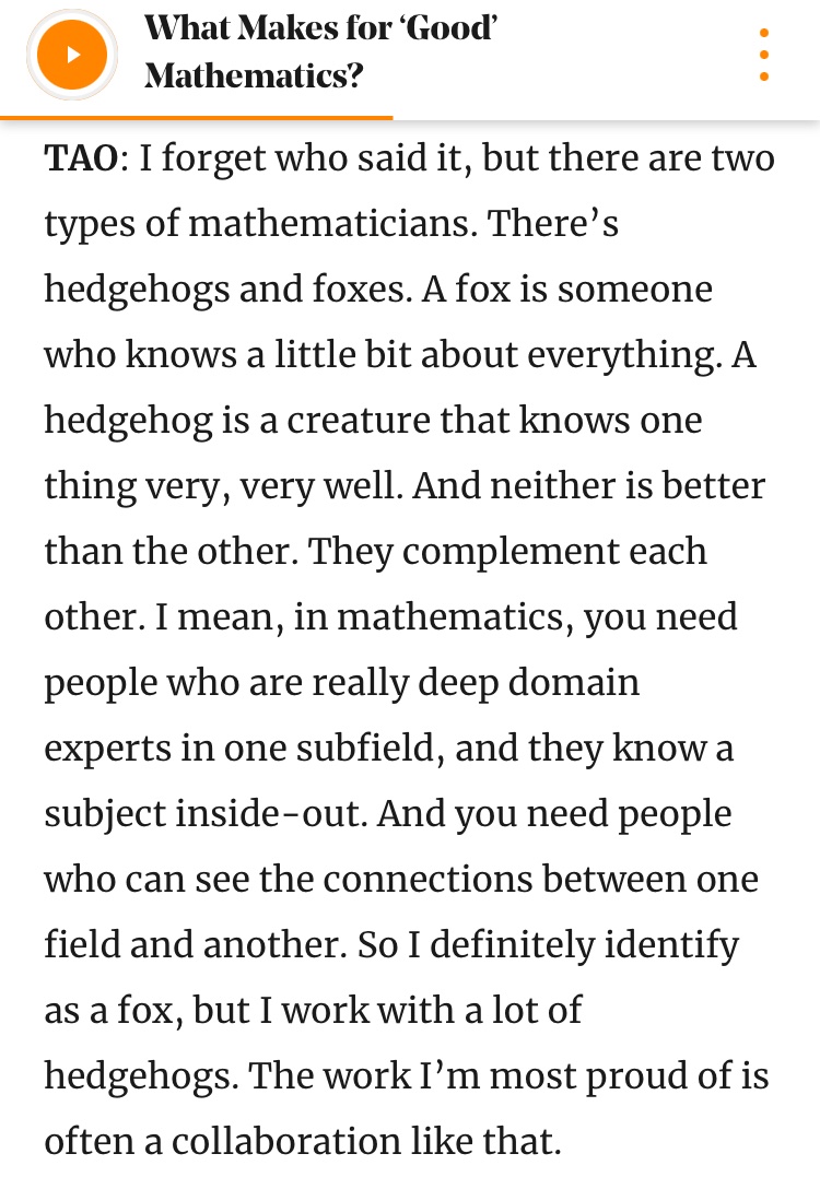 @JurisSleiers Interesanti, ka pirms pāris mēnešiem @stevenstrogatz podkāstā uz lapsu un ezi atsaucās arī viens no mūsdienu izcilākajiem matemātiķiem Terence Tao quantamagazine.org/what-makes-for…