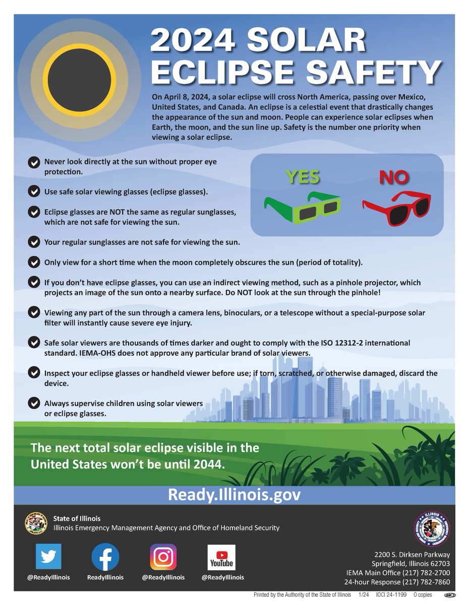 Today is the day! Keep these tips in mind to protect your eyes while viewing the #solareclipse! Visit our friends and partners at @IDOT_Illinois for travel information and @ReadyIllinois for tips on proper viewing along other important preparedness items if you plan to travel.