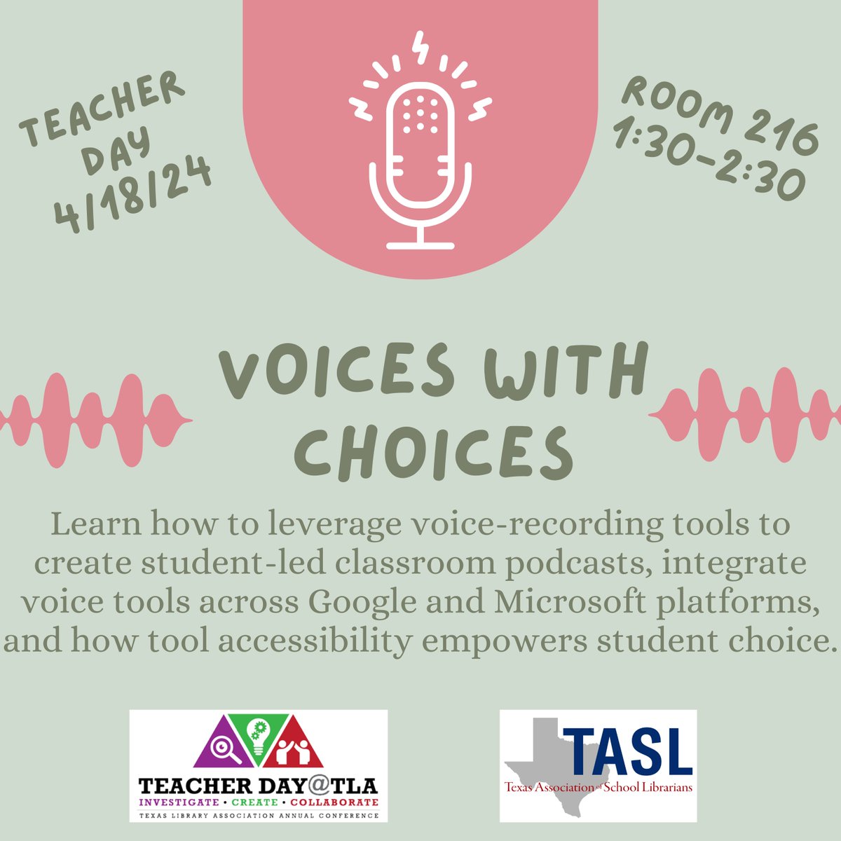 Teacher Day attendees 📣 - learn how to leverage podcast tools to empower student voice and choice in this session, Voices with Choices, at 1:30 on 4/18 Room 216 #TDTLA24 @TxASL @TXLA #TxLA24