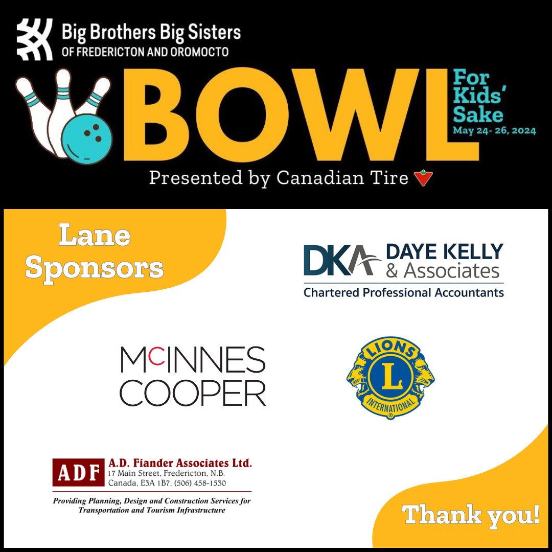 ✨BIG THANKS to Daye Kelly & Associates, @mcinnescooper, Fredericton Lions Club and A.D. Fiander Associates for jumping aboard as Lane Sponsors!✨Sponsorship opportunities are still available for our 45th edition of Bowl! Please call John or Annette at 506.458.8941.