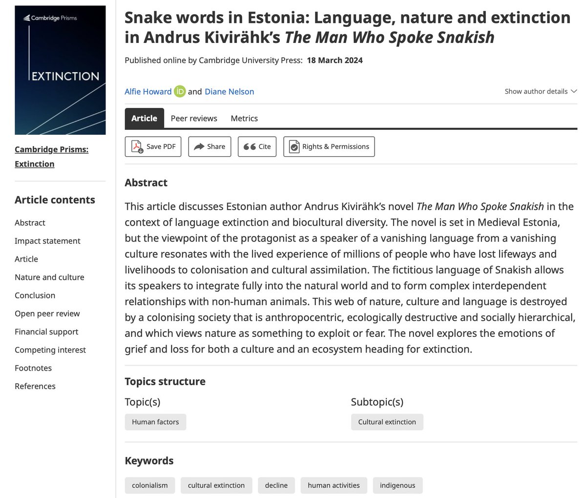 Cambridge Prisms (@cambridgeprisms) on Twitter photo Recently published in #CPExtinction:
Snake words in Estonia: Language, nature & extinction in Andrus Kivirähk’s The Man Who Spoke Snakish by @alfie_howard66a & <a href="/gplady/">Diane Nelson</a>.
Find out more about language #extinction & #biocultural diversity here: bit.ly/4atxTS2 Recently published in #CPExtinction:
Snake words in Estonia: Language, nature & extinction in Andrus Kivirähk’s The Man Who Spoke Snakish by @alfie_howard66a & <a href="/gplady/">Diane Nelson</a>.
Find out more about language #extinction & #biocultural diversity here: bit.ly/4atxTS2