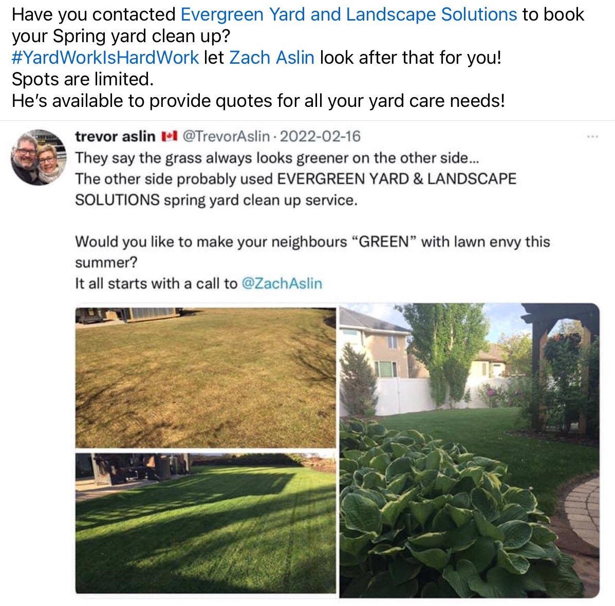 It’s almost spring clean up time, contact <a href="/ZachAslin/">Zach Aslin</a> to book yours (spots are filling up quick)…

#YardWorkIsHardWork 

Let Evergreen look after that for you!