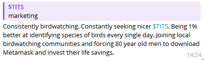 BlueTitsBase's tweet photo. The $TITS community is constantly onboarding birdwatching communities through creative guerilla marketing strategies... 

We will not stop until we have onboarded a sizable percentage of birdwatching enthusiasts, as well as converting all @base users to avid birdwatchers. https://t.co/eVmPcFtuVW