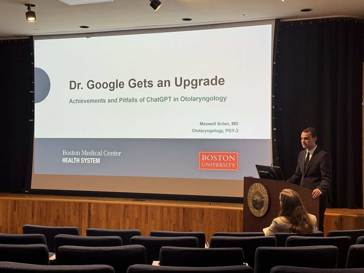 Our very own Max Scher, PGY3, took first place at the New England Otolaryngological Society (NEOS) meeting this past Friday for his presentation entitled “Dr Google Gets an Upgrade: Pearls and Pitfalls of ChatGPT”. Congratulations Max 🥇!! #otolarynology #residency #presentation