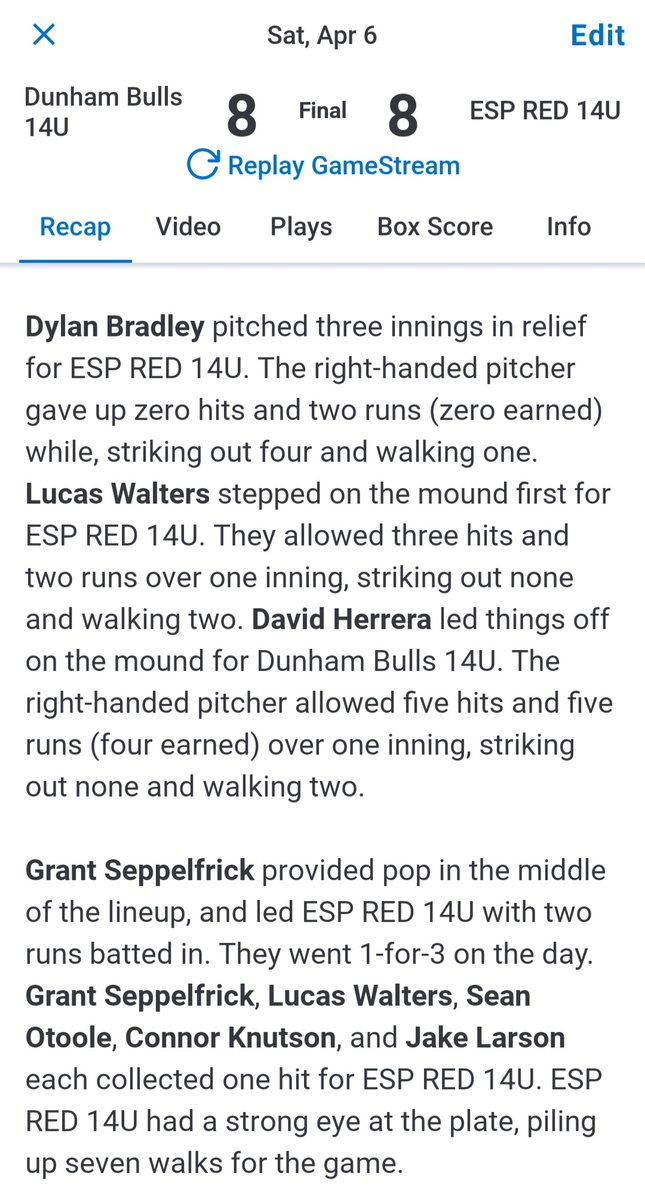 ESP Red 8
Dunham Bulls 8

In our second game of the day we ended with a tie against a very fundamentally sound Dunham Bulls. On Sunday we advance to bracket play with the #2 seed!
#ESPTrained #ESPRed2028