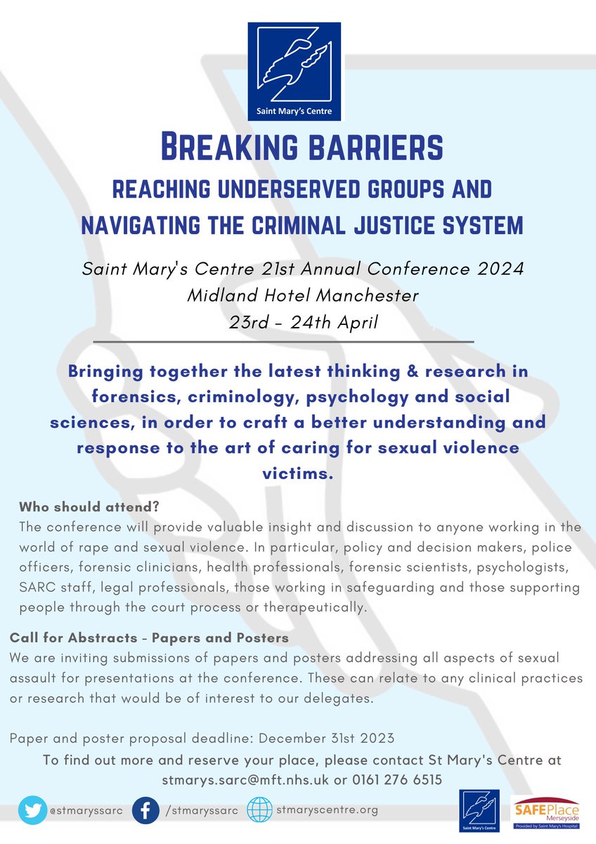 Our Annual Conference is in two weeks time! This year we're tackling barriers to accessing services and navigating the criminal justice system. Tickets are still available but running out! Click here to find out more and book your tickets: stmaryscentre.org/professionals/…
