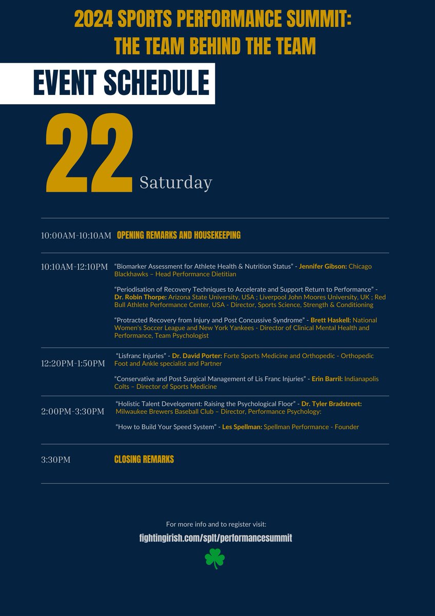 Check out the official schedule for the 2024 Sports Performance Summit: The Team Behind the Team on June 21 and 22, 2024 📆 Register now to secure your spot! fightingirish.com/splt/performan… #GoIrish