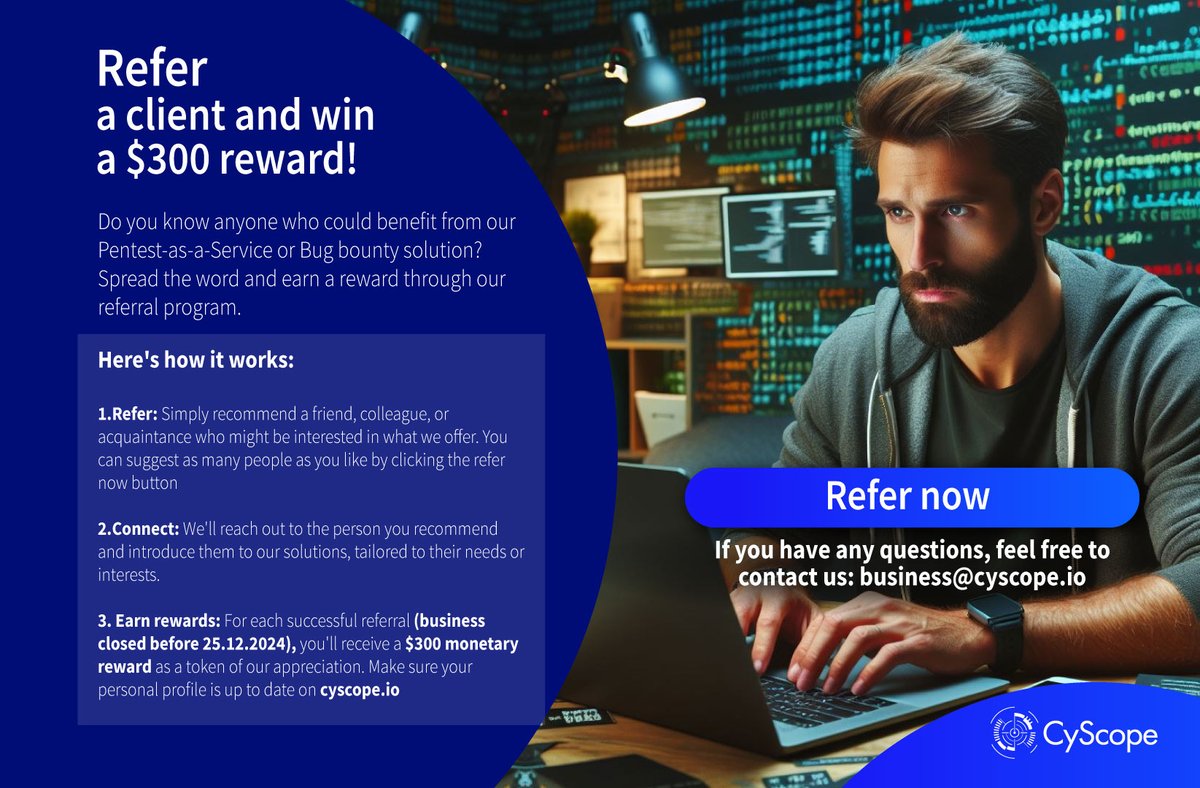 🚀 Quick Reminder! Last week, we launched our Referral Program! 
3 Simple Steps: 
1️⃣ Refer 
2️⃣ Connect 
3️⃣ Earn Rewards 

Spread the word and let's strengthen our community together! 
#Cybersecurity #Rewards #ReferralProgram 🌟